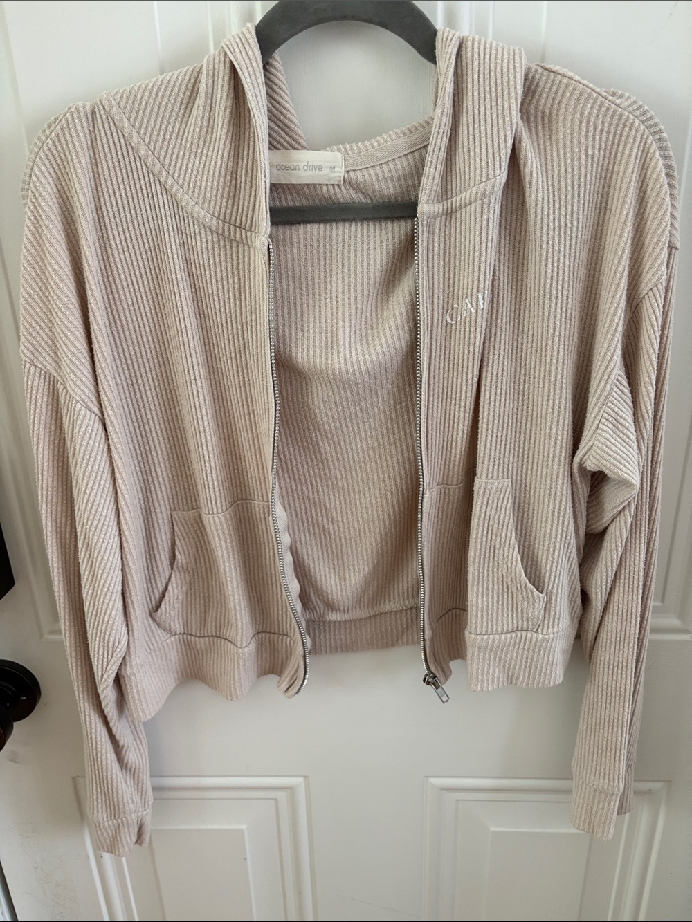(5/$20) Ocean Drive Cape Cod Ribbed Zip Hoodie in Light Beige